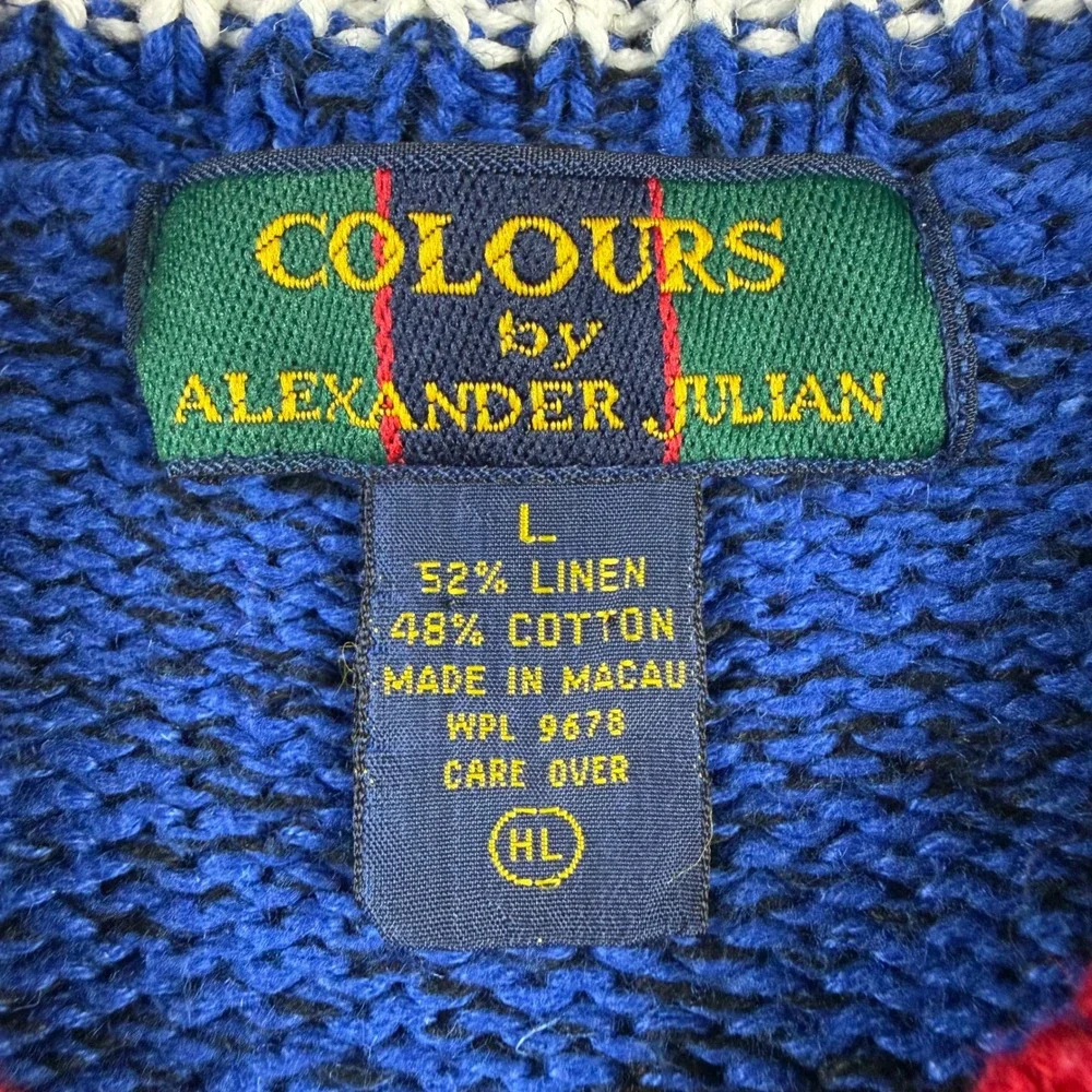 Vintage Colours by Alexander Julian Sweater Mens L Blue Argyle Linen Cotton